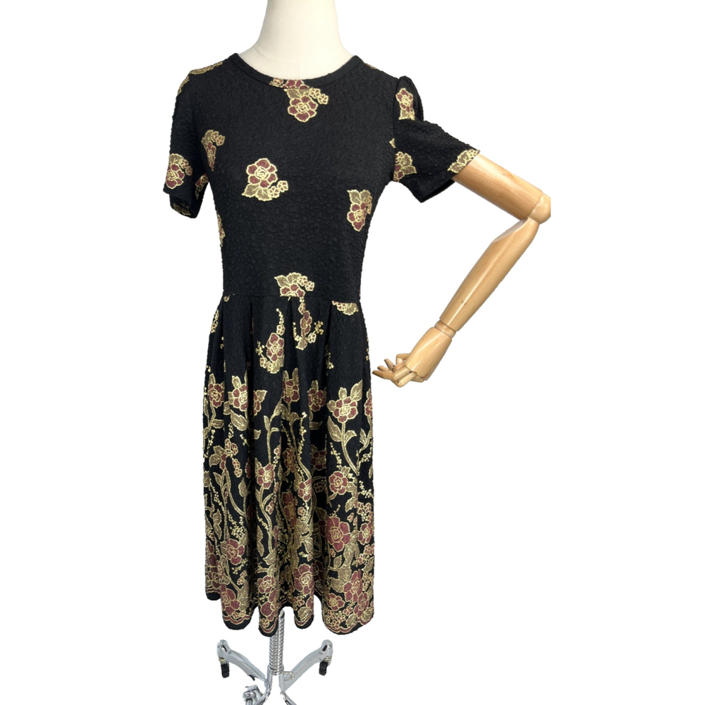 LuLaRoe Elegant Amelia Dress‎ Medium Black Gold Foil Floral Midi Pocket